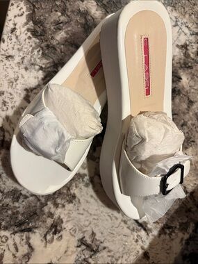 C Label White Platform Slide Sandals with Black Buckle